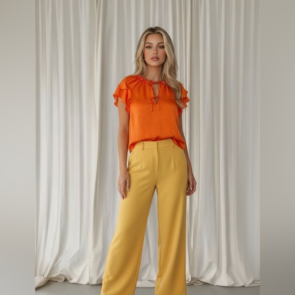 Steve Madden Tops - Steve Madden bright orange satin silk ruffle sleeve top size XL